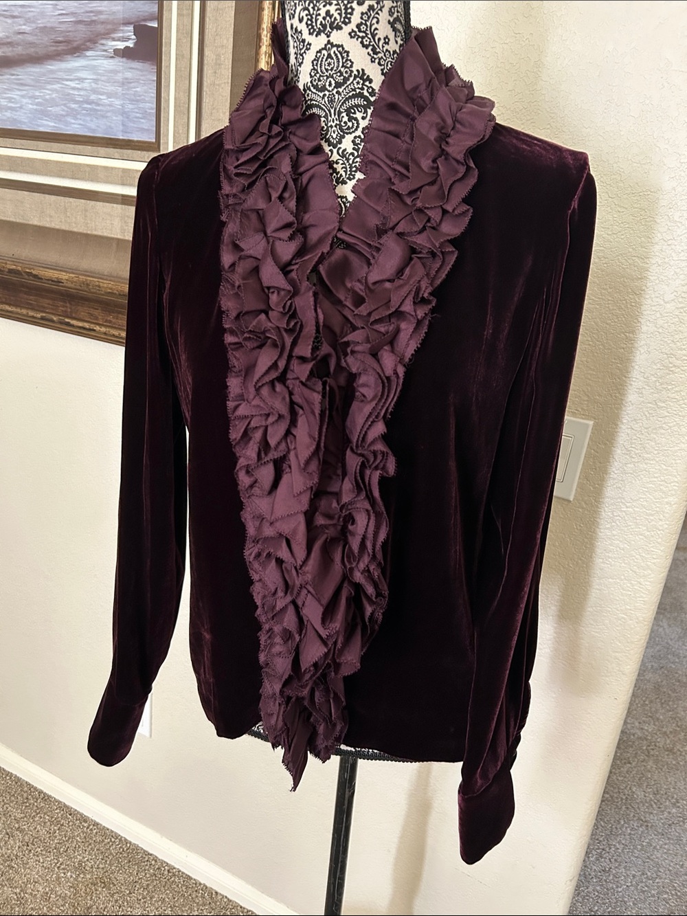 Lauren Ralph Lauren Women's Velvet Ruffle Front Top - Deep Plum